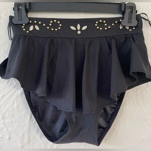 Black bikini bottom flouncy skirt with gold details along wide waist line;size M